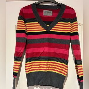 Chic Striped V-Neck Sweater in Pink and Yellow